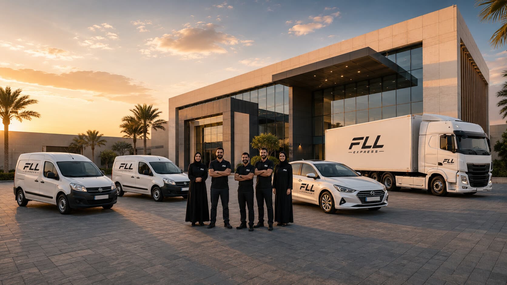 أسطول إف إل إل إكسبريس وفريق العمل أمام مستودع الشركة في الرياض